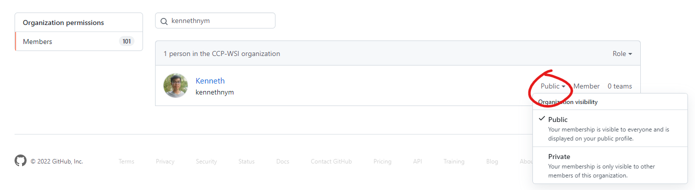 People section of the organization with the organization visibility dropdown active. Public visibility is selected in the dropdown