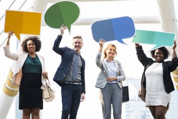 People holding speech bubbles